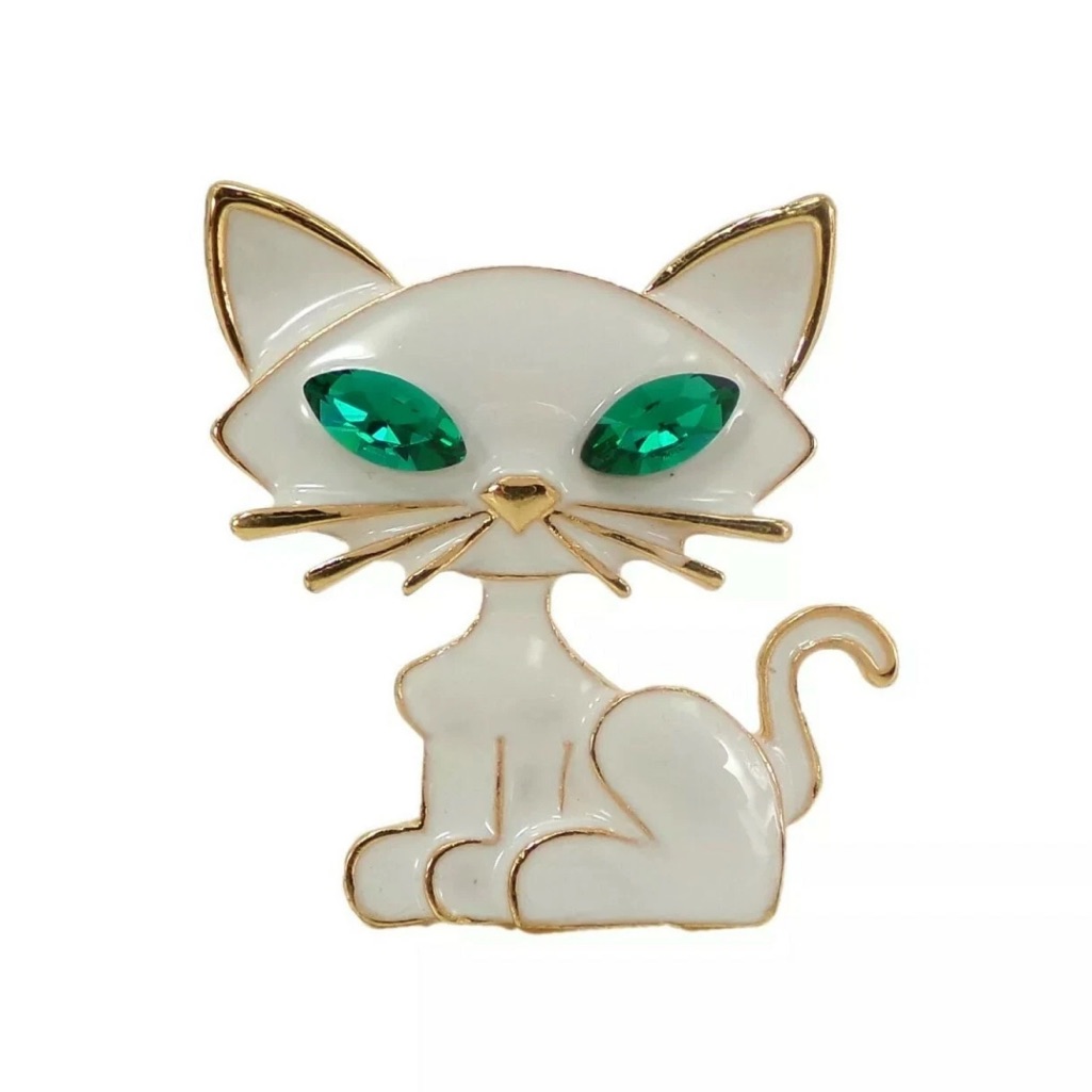 Cat Brooch Pin In White Enamel Green Crystal Eyes And Gold Trim And Wiskers New 15$